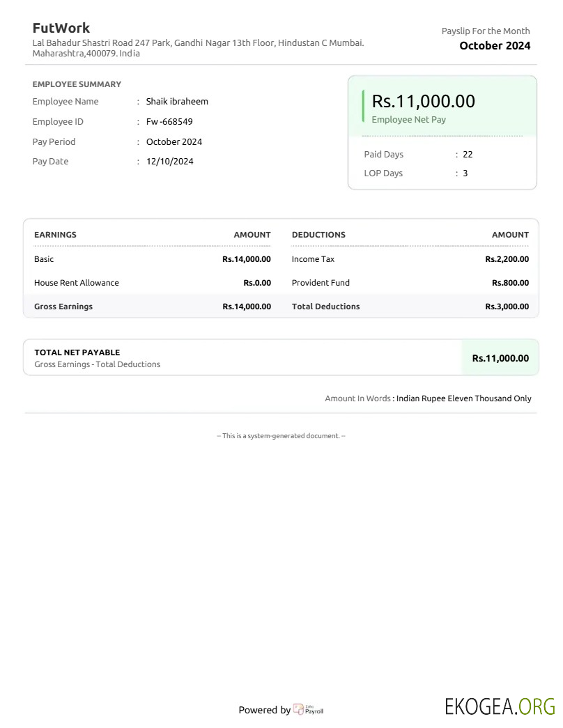 Modèle de fiche de paie pour entreprise de services de commerce électronique India FutWork aux formats Word et PDF.pdf, 1
